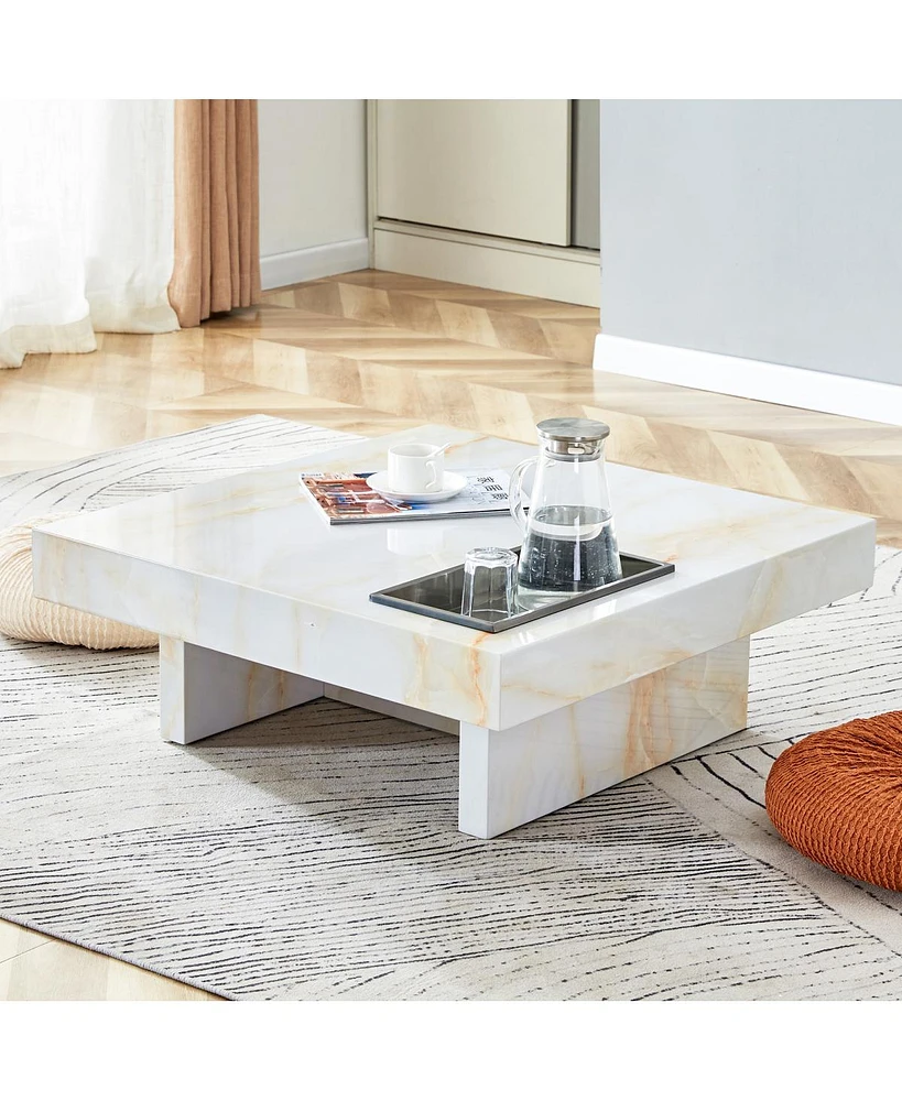 Simplie Fun Elegant Mdf Coffee Table with Marble Pattern, 31.4"x31.4"x12"