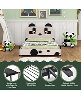 Twin Size Kids Bed Toddler Upholstered Low Profile Bed Frame with Panda Headboard