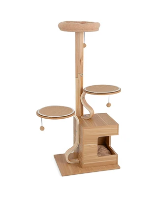 Slickblue 4-Layer Wooden Cat Tree 51" Tall Cat Tower with Condo and Washable Cushions-Natural