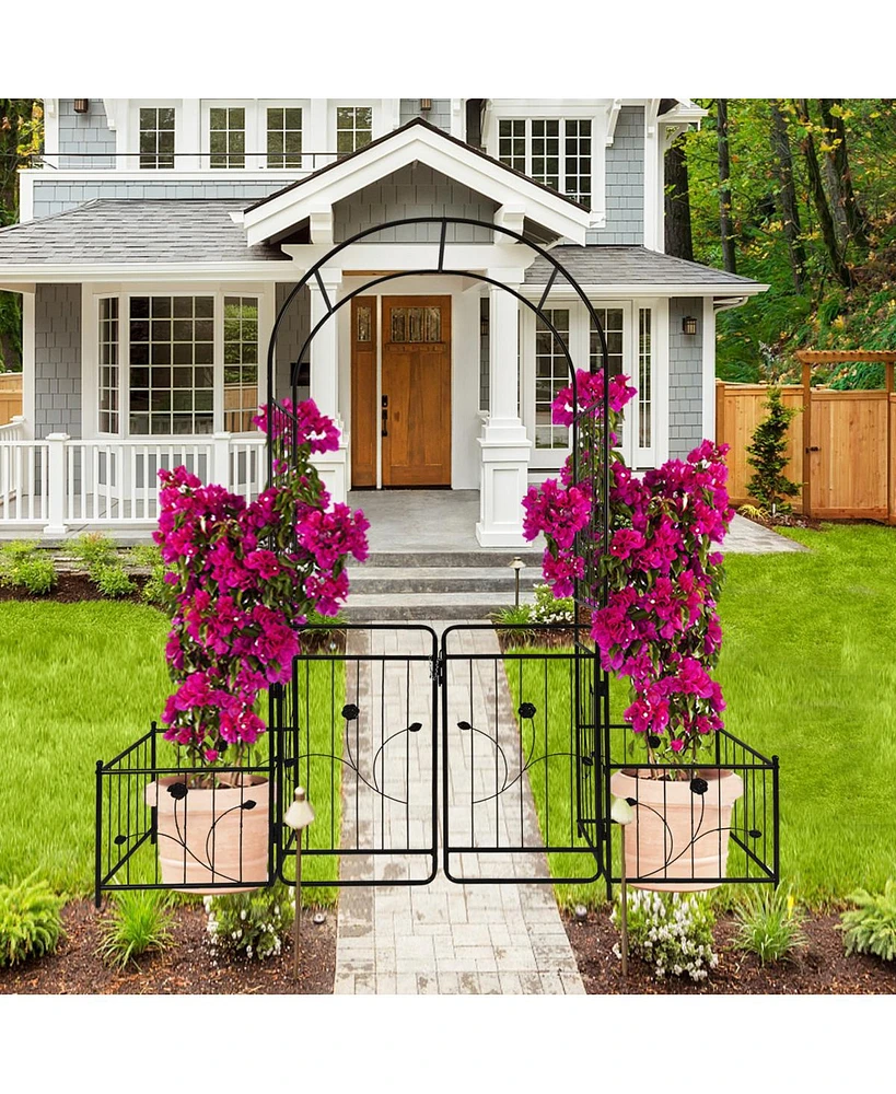 Simplie Fun Metal Garden Arch With Gate 79.5" Wide X 86.6" High Climbing Plants Support Rose Arch Outdoor Black