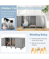 2-Door Cat Litter Box Enclosure with Winding Entry and Scratching Board