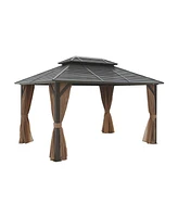 Mondawe 10 ft. x 13 ft. Black Aluminium Alloy Gazebo with Netting and Brown Curtains