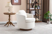 Boucle Fabric Swivel Accent Chair With Soild Wood Round Brown Base Leg