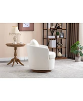 Boucle Fabric Swivel Accent Chair With Soild Wood Round Brown Base Leg