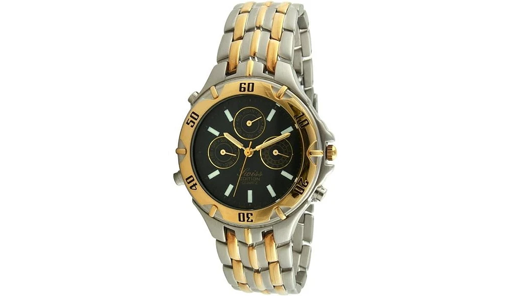 Swiss Edition Men's Two Tone Silver and 23K Gold Plated Multifunction Black Dial Gold Sports Bezel Dress Watch