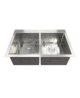 Mondawe Drop-In 33-in x 22-in Brushed Stainless Steel Double Bowl Kitchen Sink with Accessories