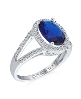 Bling Jewelry Classic 10CT Cz Royal Blue Halo Statement Oval Solitaire Promise Ring With Split Shank Thin Band Silver Plated