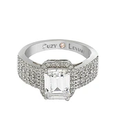 Suzy Levian New York Sterling Silver Cubic Zirconia Emerald-Cut Halo Ring