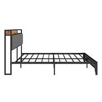 Full Size Bed Frame With Charging Station, Upholstered Headboard, Metal Platform, Grey