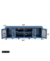 71" Stylish Tv Cabinet in Antique Blue, Solid Wood Frame, Glass Door & Metal Handle