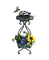 Slickblue Solar Outdoor Bird Bath Feeder Combo with Flower Planter Pedestal and Lights