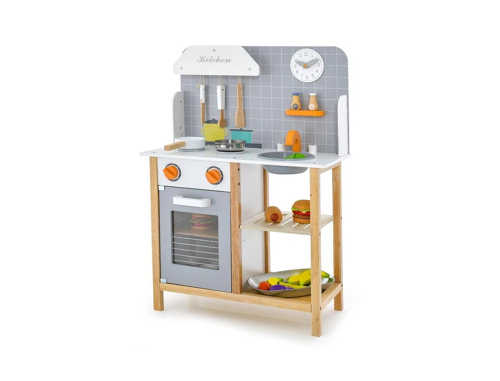 Slickblue Wooden Toddler Pretend Kitchen Set with Cookware Accessories for Boys and Girls-Grey