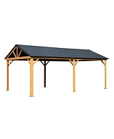 Mondawe 12x20ft Hardtop Gazebo, Galvanized Steel Gable Roof Gazebo Pergola with Wood Grain Aluminum Frame, Outdoor Permanent Gazebo Pavilion for Patio