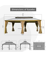 Mondawe 12x20ft Hardtop Gazebo Outdoor Aluminum Wood Grain Gazebos with Galvanized Steel Double Canopy for Patios Deck Backyard,Curtains&Netting (Wood