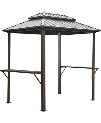 Mondawe Grill Gazebo 8× 6ft Aluminum Bbq Outdoor Metal Frame with Shelves Serving Tables, Permanent Double Roof Hard top Gazebos for Patio