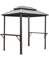 Mondawe Grill Gazebo 8× 6ft Aluminum Bbq Outdoor Metal Frame with Shelves Serving Tables, Permanent Double Roof Hard top Gazebos for Patio