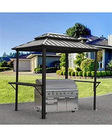 Mondawe Grill Gazebo 8× 6ft Aluminum Bbq Outdoor Metal Frame with Shelves Serving Tables, Permanent Double Roof Hard top Gazebos for Patio