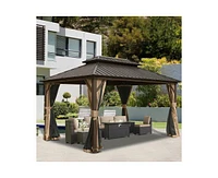 Mondawe 10 x 12ft Patio Aluminum Frame Hardtop Gazebo Galvanized Steel Double Roof Curtain and Netting