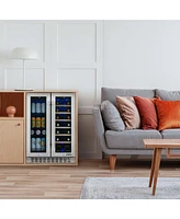 Newair 24 Inch Premium Built-in Dual Zone 20 Bottle and 60 Can French Door Wine and Beverage Fridge in Stainless Steel with SplitShelf and Beech Wood