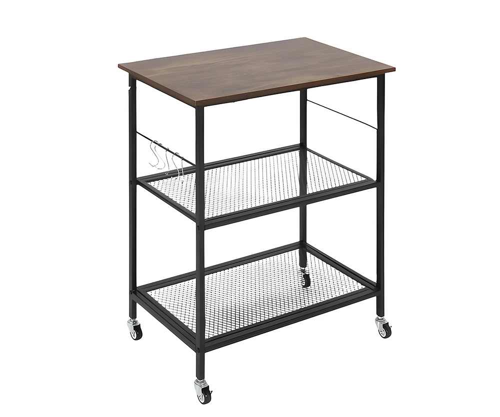 Slickblue 3-Tier Kitchen Serving Cart Utility Standing Microwave Rack with Hooks Brown