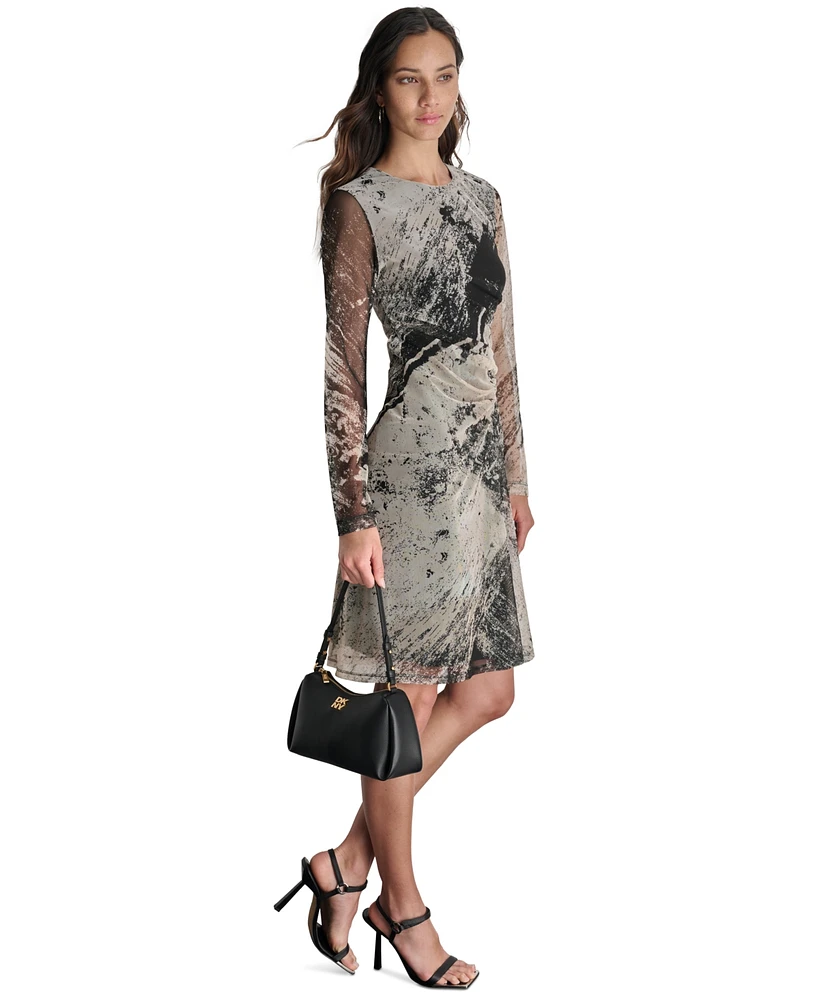Dkny Women's Printed Long-Sleeve Side-Ruched Dress