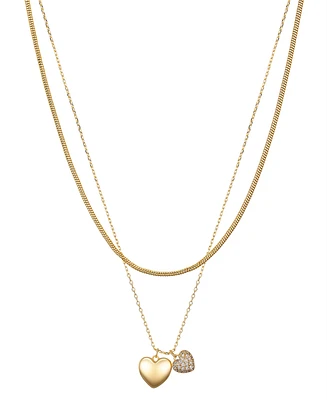 Unwritten Cubic Zirconia Double Puff Heart Snake Chain Layered Pendant Necklace