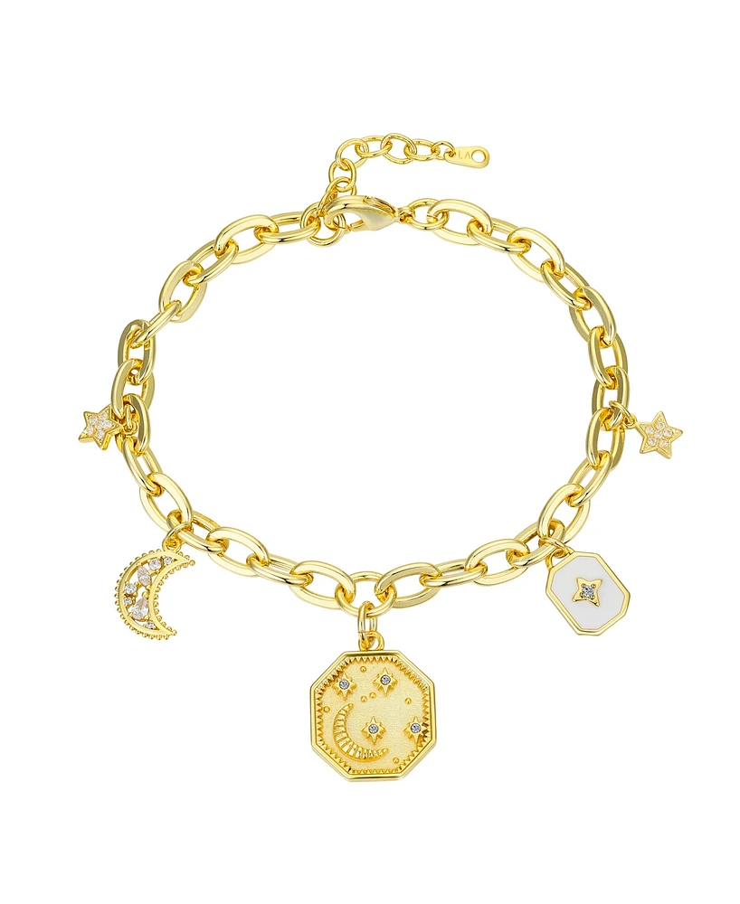 Unwritten White Enamel Cubic Zirconia and Crystal Star Moon Charm Bracelet