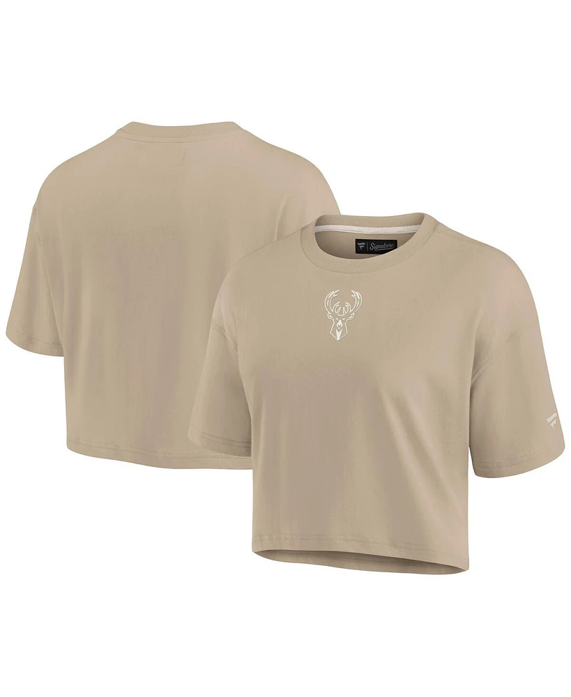 Fanatics Signature Women's Khaki Milwaukee Bucks Elements Super Soft Boxy Cropped T-Shirt