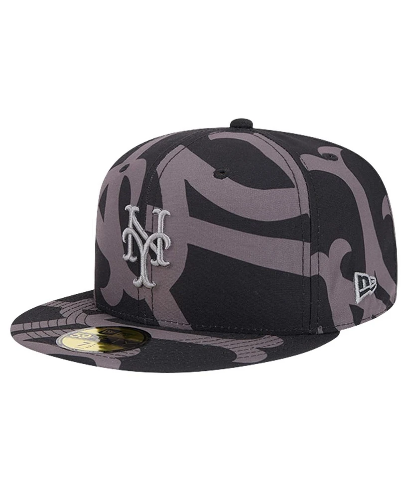 New Era Men's Black New York Mets Logo Fracture 59FIFTY Fitted Hat