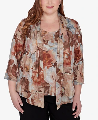 Alfred Dunner Plus Size Classic Watercolor Floral Melange Two In One Top With Necklace