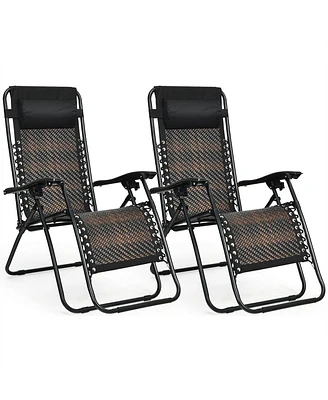 Slickblue 2 Pieces Folding Patio Rattan Zero Gravity Lounge Chair