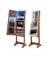 Sugift Lockable Jewelry Armoire Standing Cabinet with Lighted Full-Length Mirror-Walnut