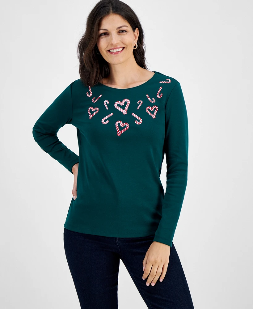 Holiday Lane Women's Candy Cane T-Shirt, Created for Macy's