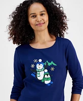 Holiday Lane Women's Penguin Play Long-Sleeve Top, Created for Macy's