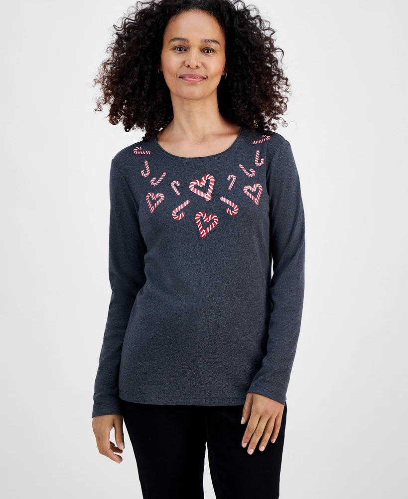 Holiday Lane Women's Candy Cane Twist Long-Sleeve Top, Created for Macy's