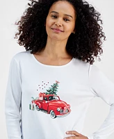 Holiday Lane Women's Joyful Car Long-Sleeve Top, Created for Macy's