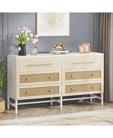 Tribesigns 6 Drawer Dresser, Modern Rattan Dresser for Bedroom, 55 inch Long Double Dresser Wood Storage Organizer Chest of Drawers for Closet Living