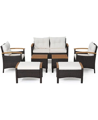 Costway 7PCS Patio Rattan Furniture Set Cushion Armrest Loveseat Ottoman Table