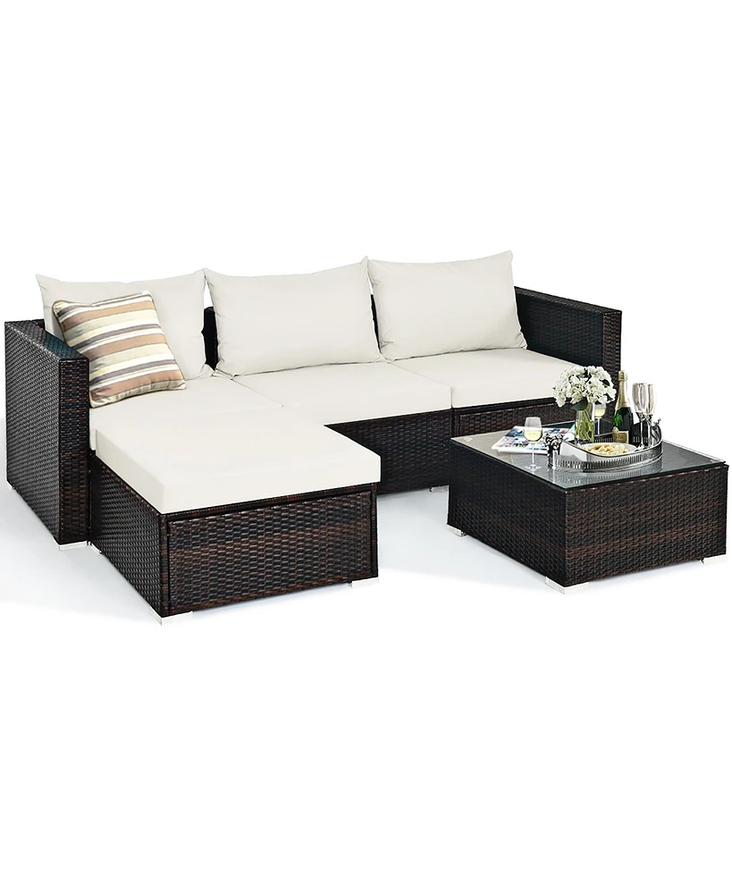 Costway 5PCS Patio Rattan Furniture Set Sectional Conversation Sofa w/ Table