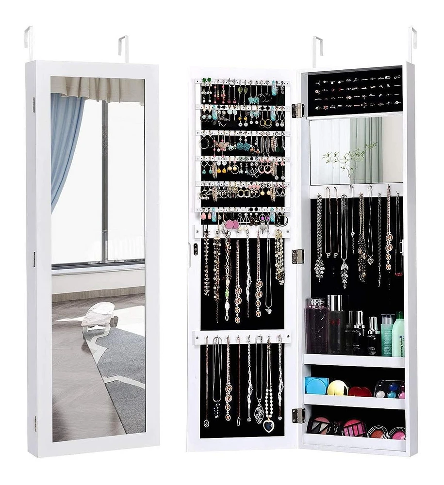Sugift Full Length Mirror Jewelry Cabinet with Ring Slots and Necklace Hooks-White