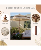 LAGarden 7' Patio Khaki Umbrella with Tassels UPF50+ Boho Style 5-Year-Non-Fading for Yard,Model:BH7W-10P