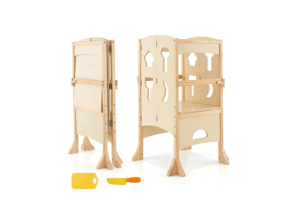 Slickblue Folding Wooden Step Stool with Lockable Safety Rail for Toddler 3+