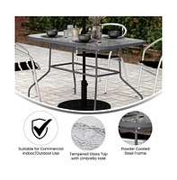 Emma+Oliver Tala Patio Table With Tempered Glass Top Umbrella Hole And Steel Frame