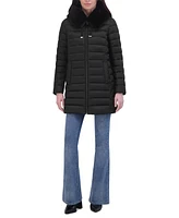 Tahari Women's Faux-Fur-Trim Hooded Packable Shine Puffer Coat