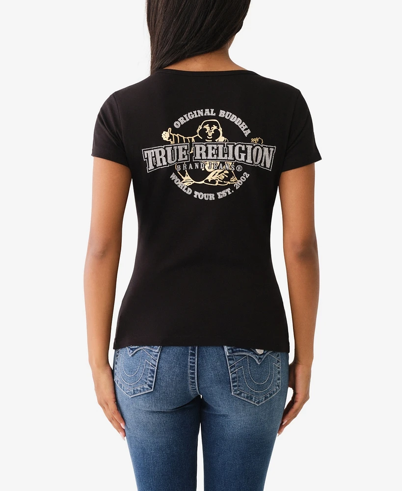 True Religion Women's Short Sleeve Buddha Notched Neck Tee