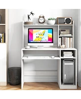 Gymax Computer Desk w/ Built-in Charge Station Wooden Writing Desk w/ Storage Hutch