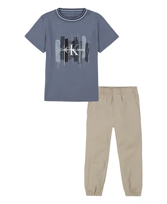 Calvin Klein Little Boy Short Sleeve Graphic Tee and Twill Joggers Set