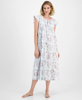 Charter Club Women's Cotton Floral Flutter-Sleeve Keyhole Nightgown, Created for Macy's