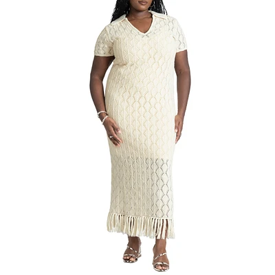 Eloquii Plus Crochet Maxi Dress With Collar & Fringe