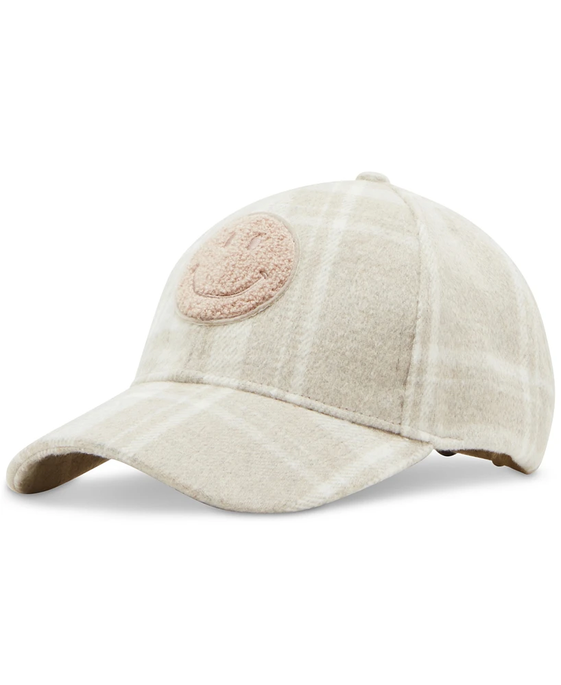 Steve Madden Women's Smiley Face Patch Plaid Baseball Cap